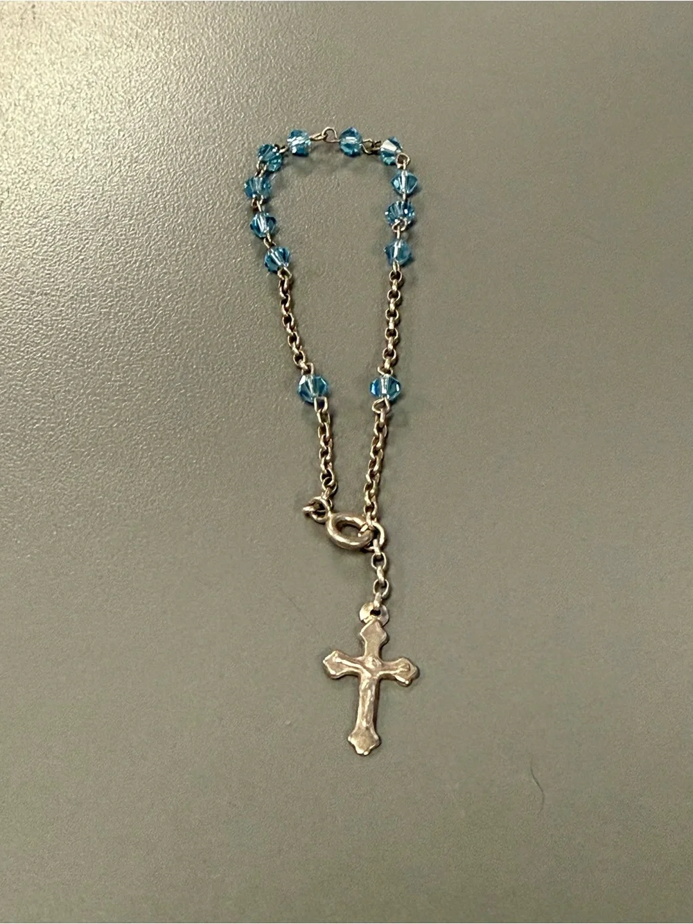Vintage 1990s Blue Crystal Beaded Cross Charm Bracelet Silver Tone 29 Years Old